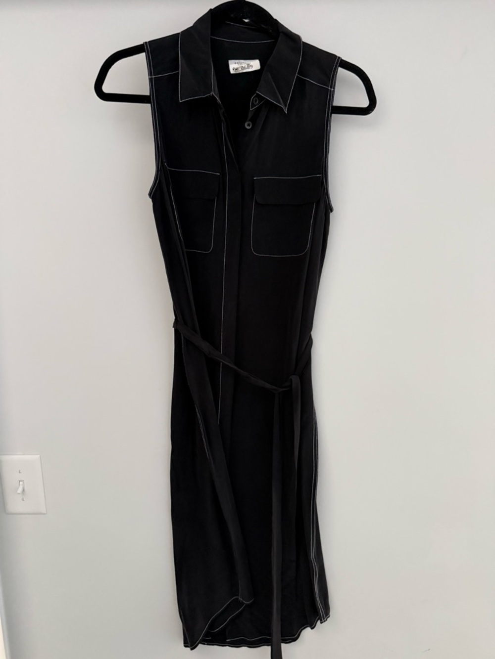 EQUIPMENT Black 100% Silk Midi Dress Contrasting White Stitching